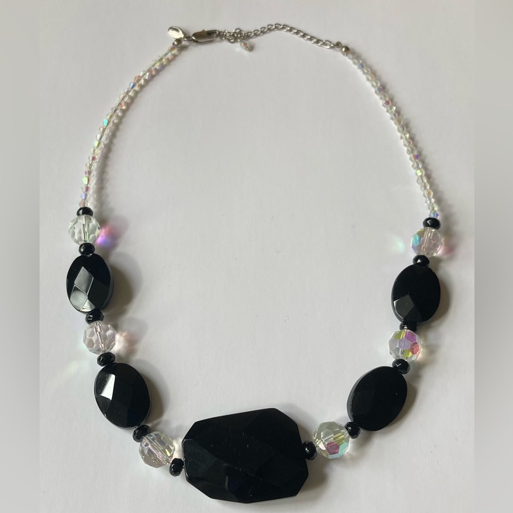 PARK LANE Faceted Jet Black Glass Stone & AB Crystal Bead Socialite Necklace
